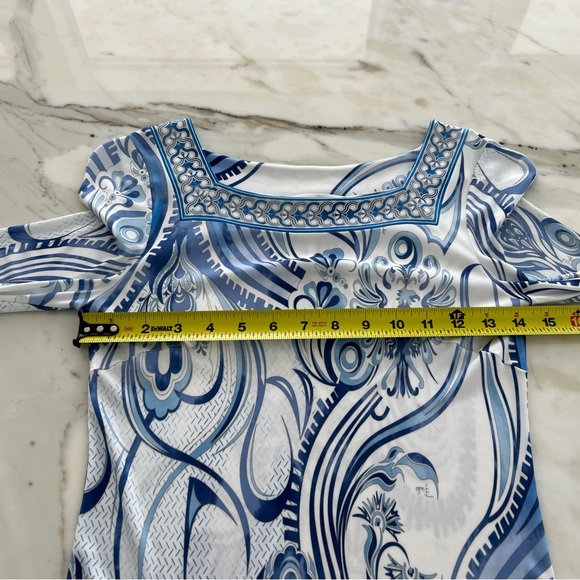 EMILIO PUCCI BLUE WHITE BELL SLEEVE SQUARE NECK DRESS SIZE IT 40 / US 6 - Picture 9 of 16
